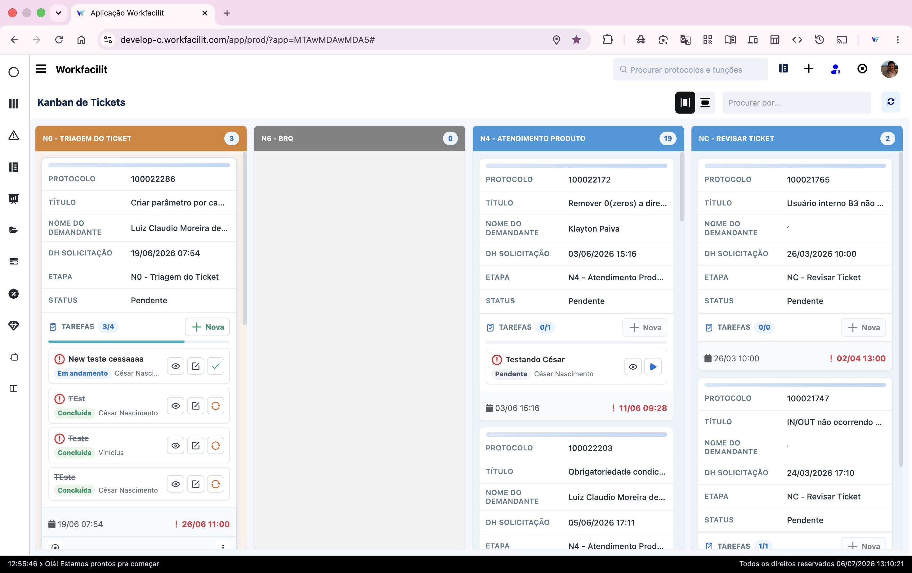 Kanban de demandas e tickets