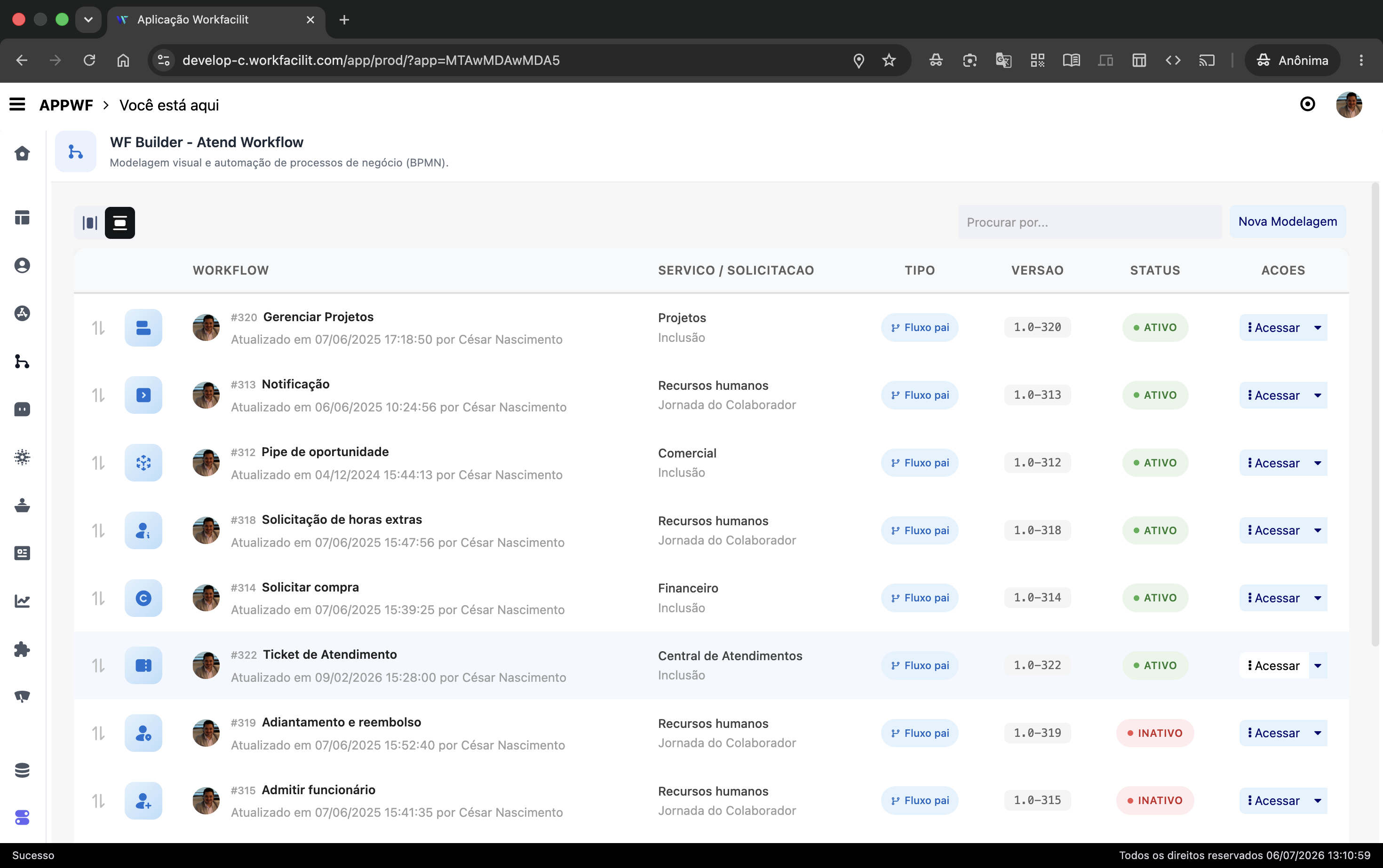 Lista de builds de workflows
